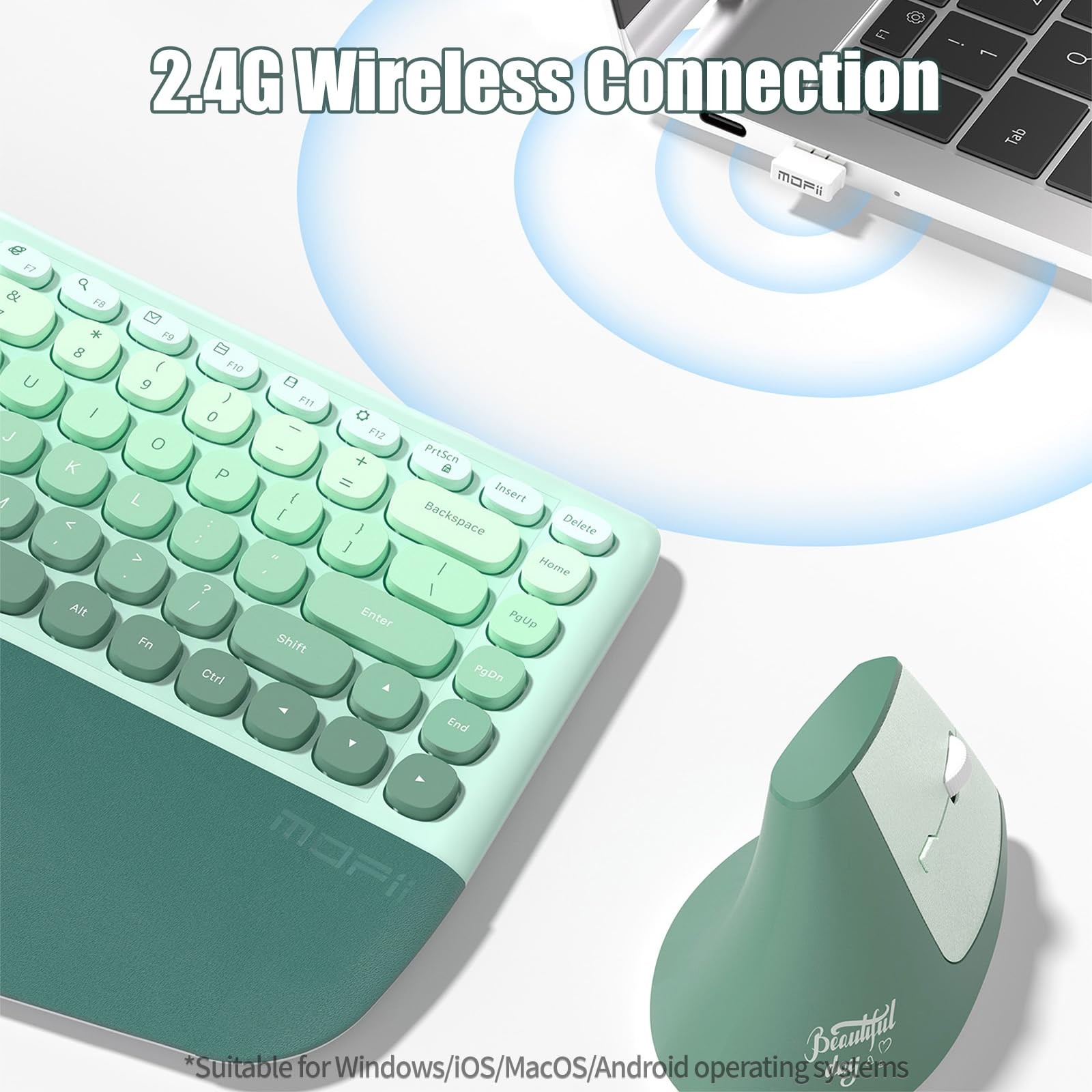 TISHLED Ergonomic Wireless Keyboard and Mouse Combo with Wrist Mint Green