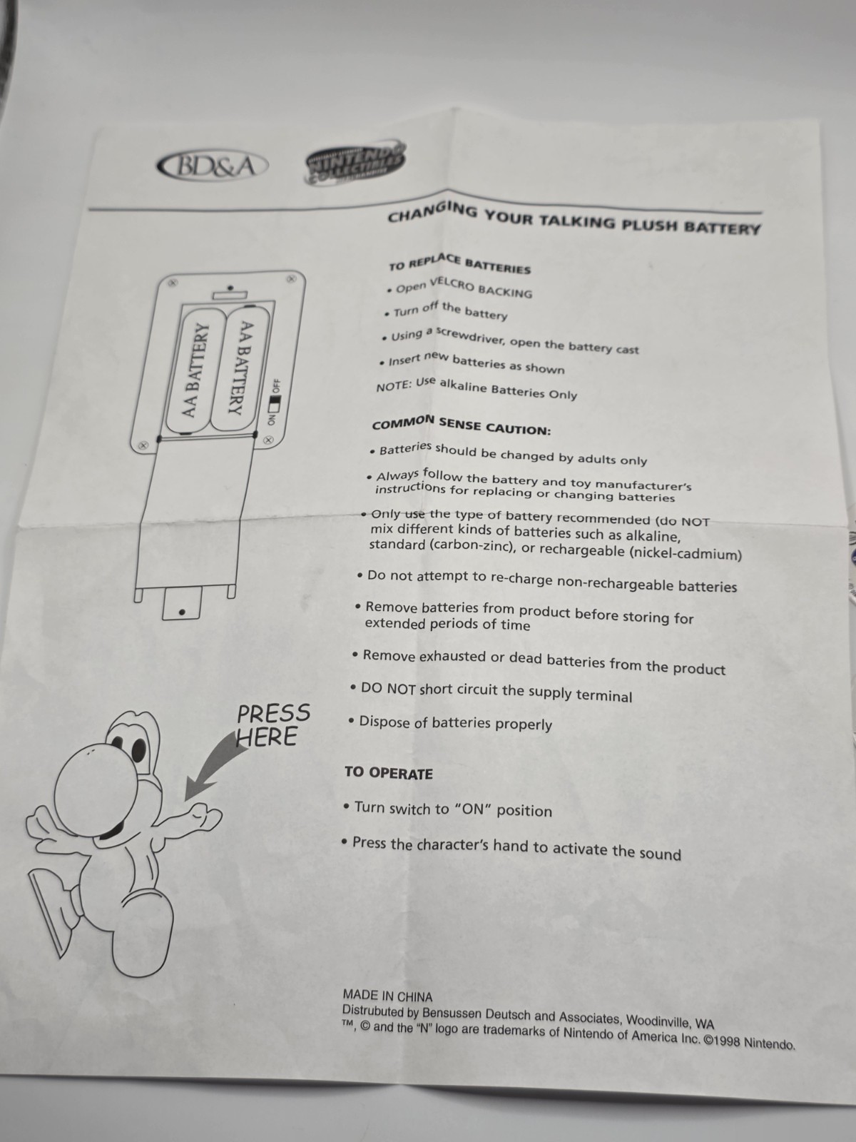 1998 Nintendo BD&A Talking Plush Tags & Instruction Sheet Mario Yoshi N64
