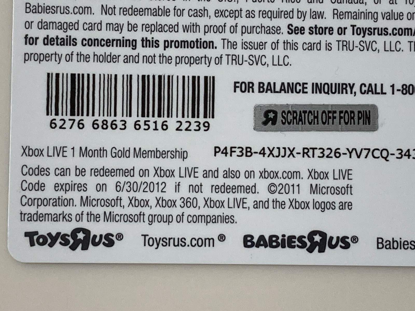 Xbox Live Promotional Card Expired 1/28/2012 Toys R Us Promo Offer Xbox 360