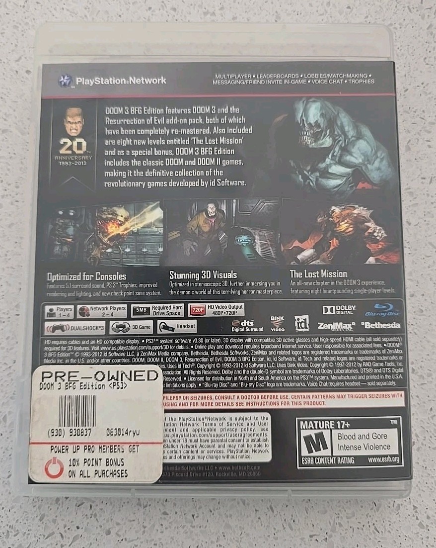 Doom 3 BFG Edition PS3 PlayStation 3 – CIB Tested Shooter PS3 Free Ship