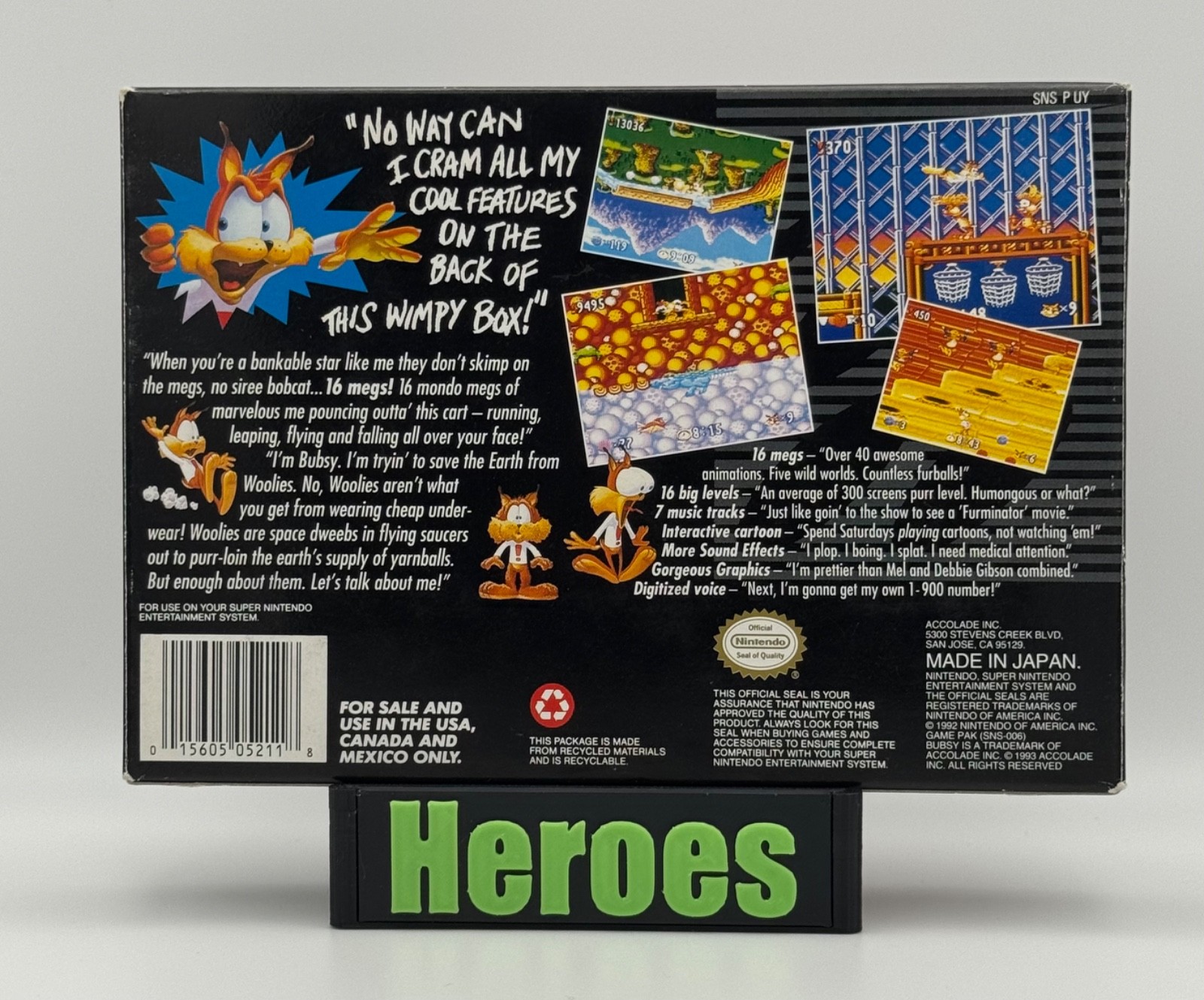 Super Nintento SNES Bubsy, Game, Box, Instructions, Verified Working