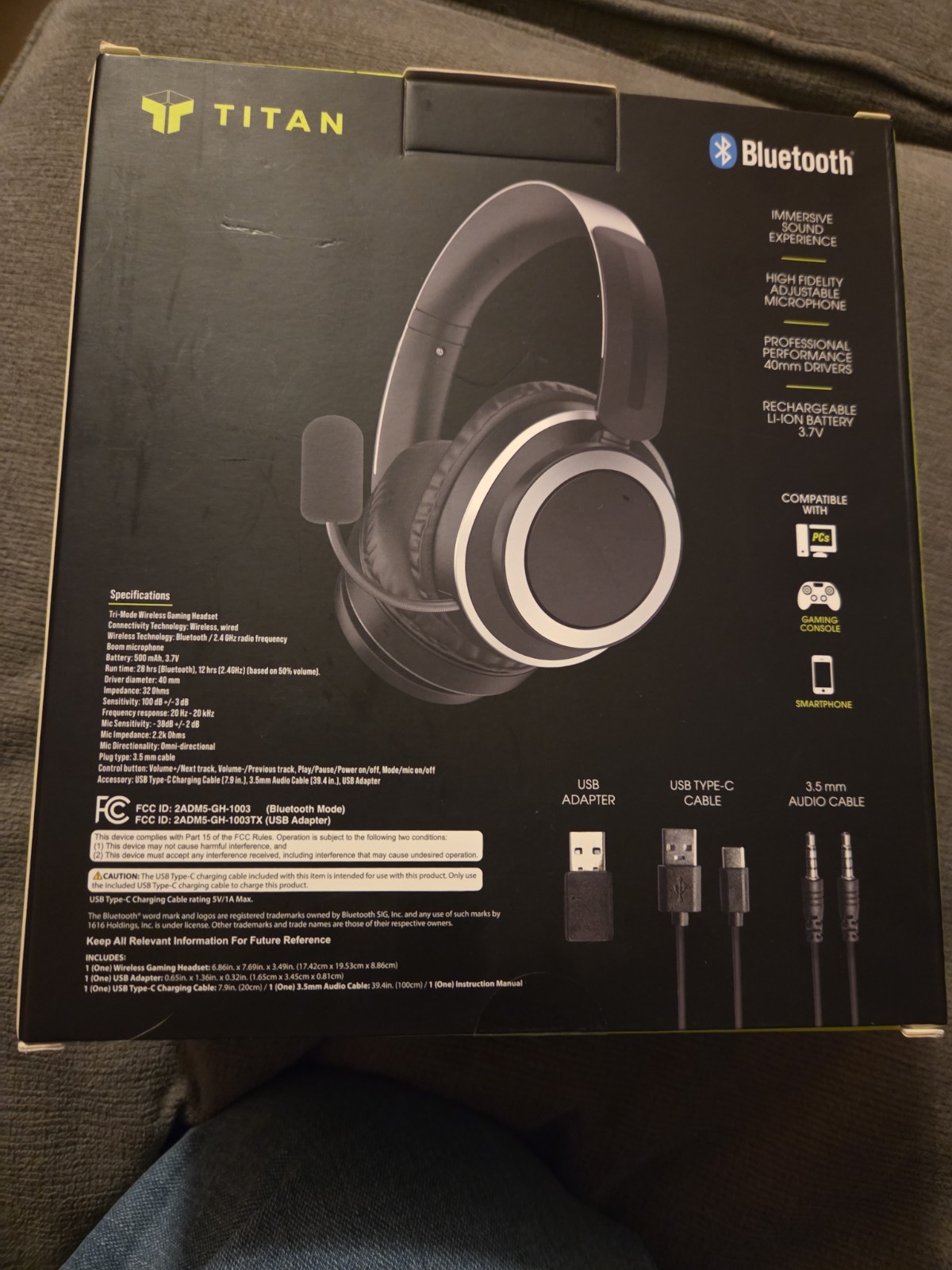 Titan GH-1003-BK Wireless Gaming Headset Bluetooth RF USB-C 3.5mm Black Mic