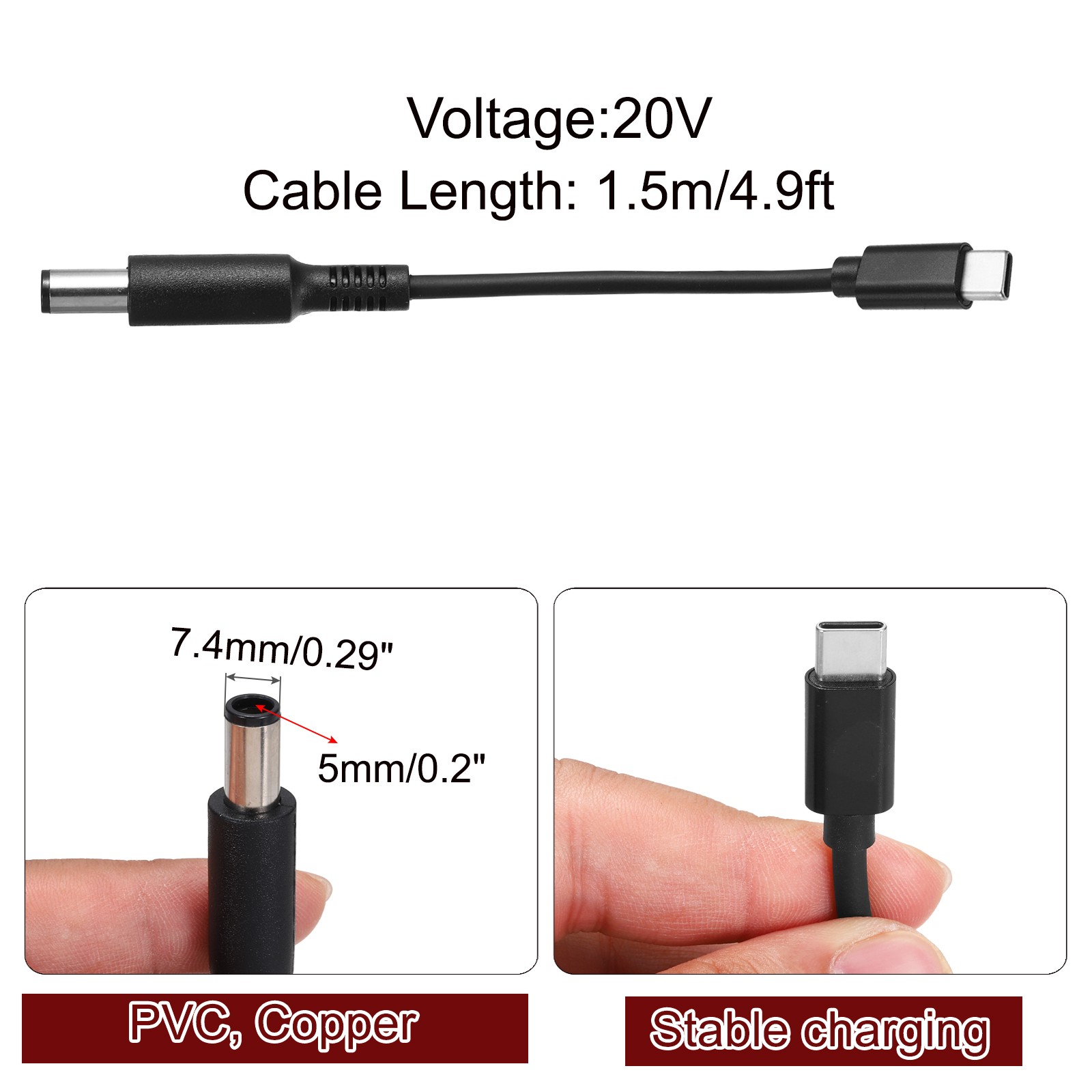 4.9FT USB C to DC PD Power Fast Charging Cable, 7.4mmx5mm 65W/20V(Black)