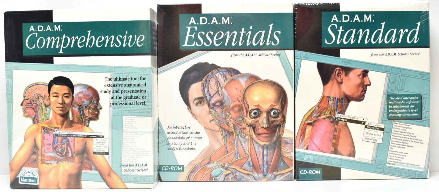 Lot 3 A.D.A.M. Medical Anatomy Software Pro Scholar Series Mac 1994 Cd-ROM New