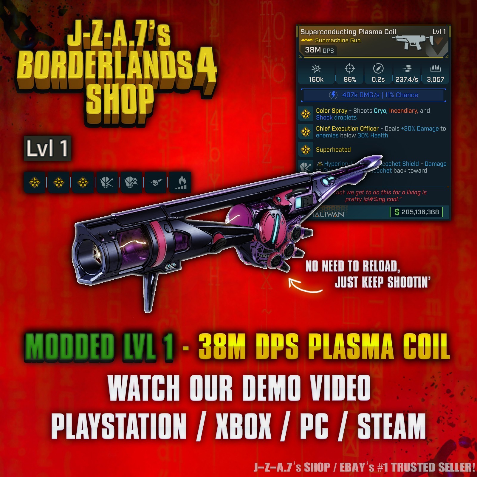 Borderlands 4✨ MODDED LEVEL ONE 38M DPS PLASMA COIL SMG LVL 1 BL4 ✅PC-PS-XBOX✨