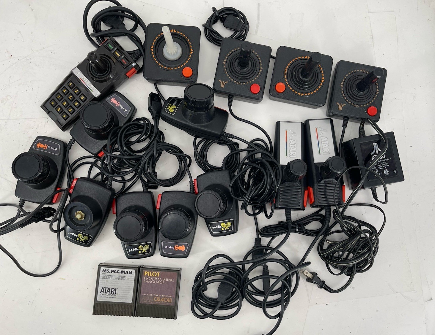 Huge Bulk Lot 15 Atari 2600 Controllers Joysticks Paddles, Adapter & Games