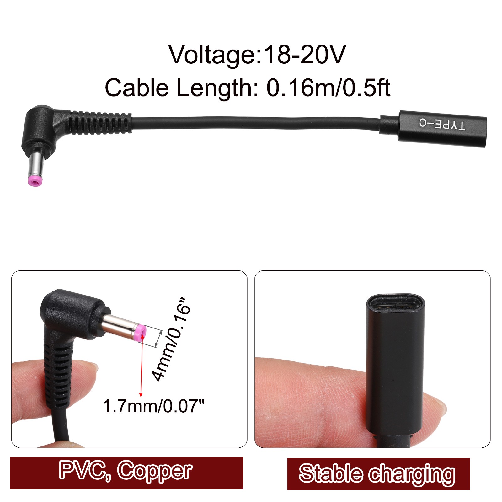 0.5FT USB C to DC PD Power Fast Charging Cable, 4.8mmx1.7mm 65W/18V-20V(Black)