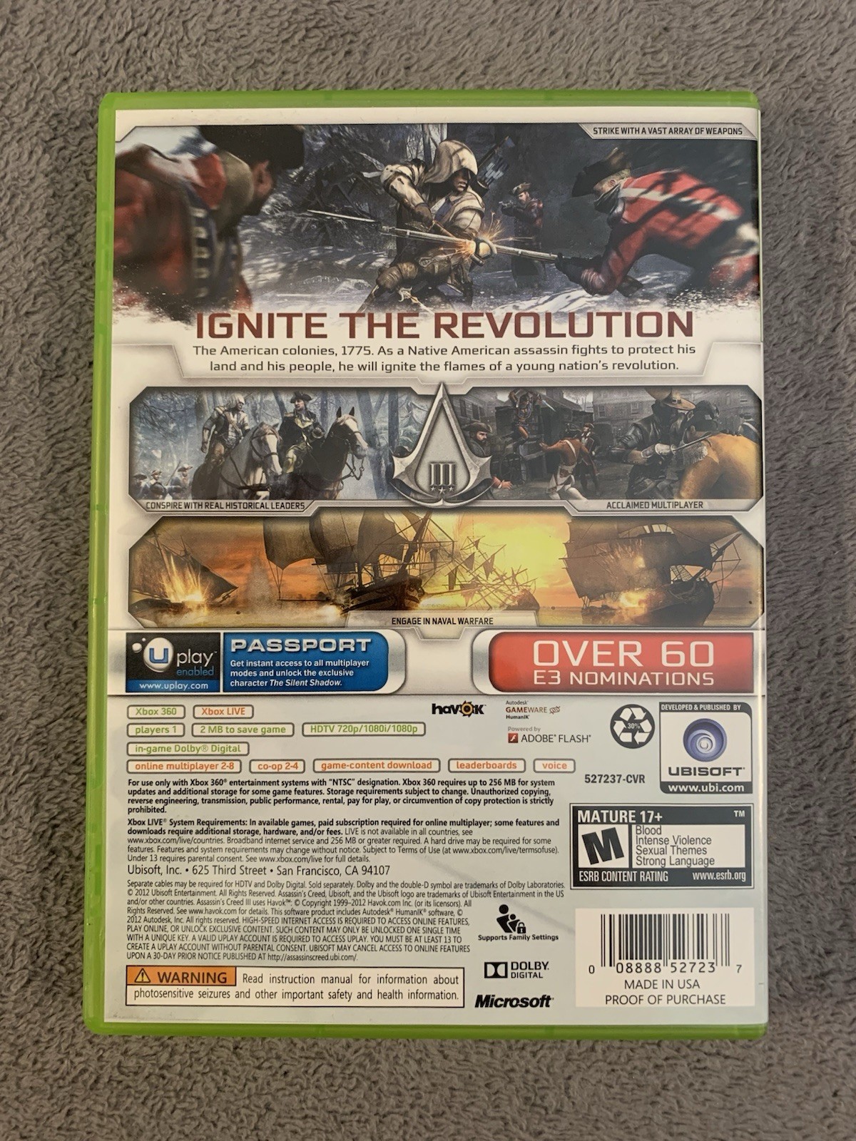 Assassin’s Creed III 3 Xbox 360 Video Game Complete In Box Ubisoft