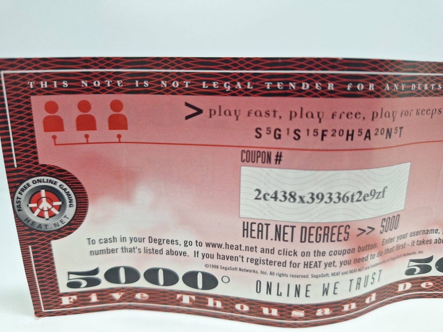 Heat.Net 1998 Segasoft Degrees [5000] (Defunct Online Game Currency *Paper) (O)