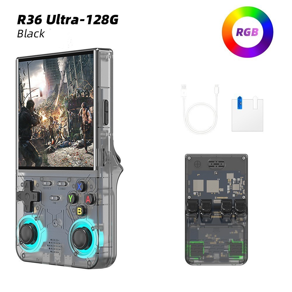 Black R36 Retro Handheld Game Console 4 Inch IPS Screen 20000+ Video Games 128GB