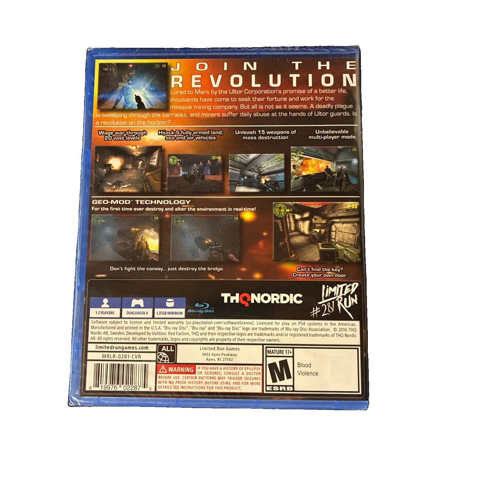 Red Faction PS4 Limited Run Games #281 Never Used