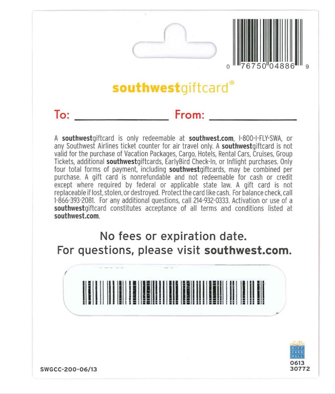 Southwest Airlines Physical Gift Card $200 ( Free Shipping )