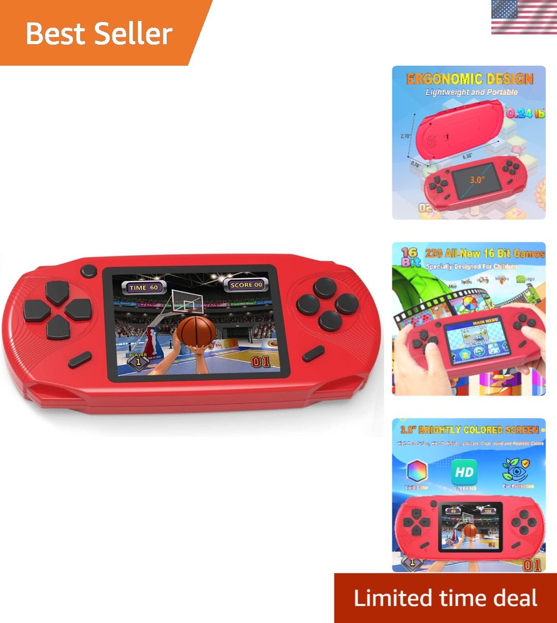 Ergonomic 16 Bit Handheld Game Console with 220 Retro Games – Perfect for Kids