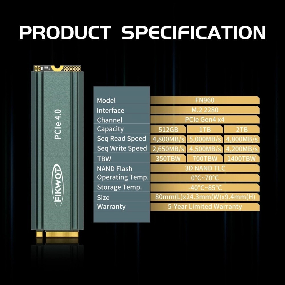 Fikwot 2TB 4TB M.2 NVMe SSD PCIe 4.0 5000MB/S PS5 Internal Solid State Drive LOT