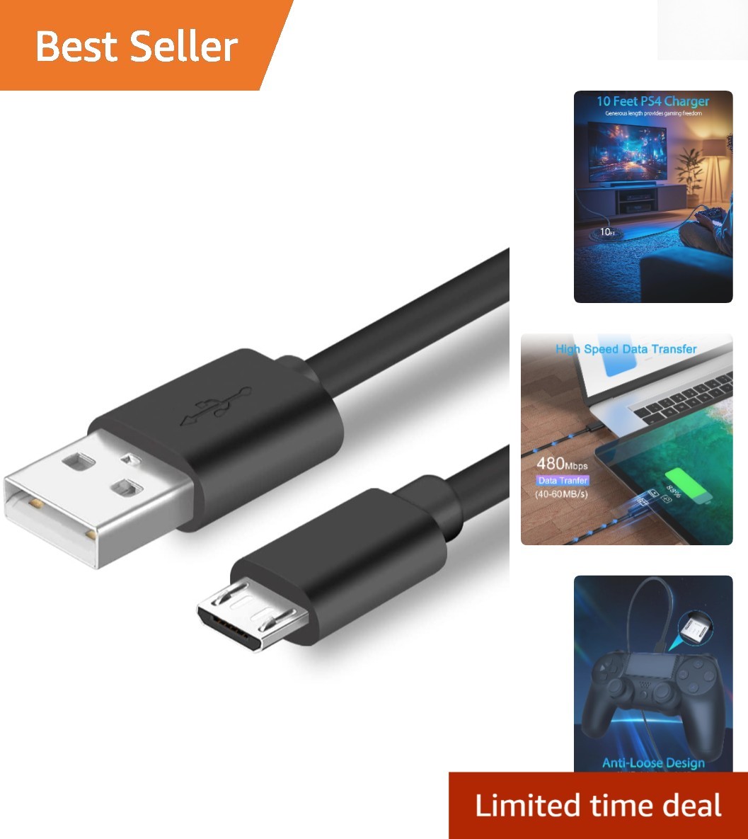 10ft PS4 Charging Cable & Xbox One Compatible Micro USB Cord – Fast Charge