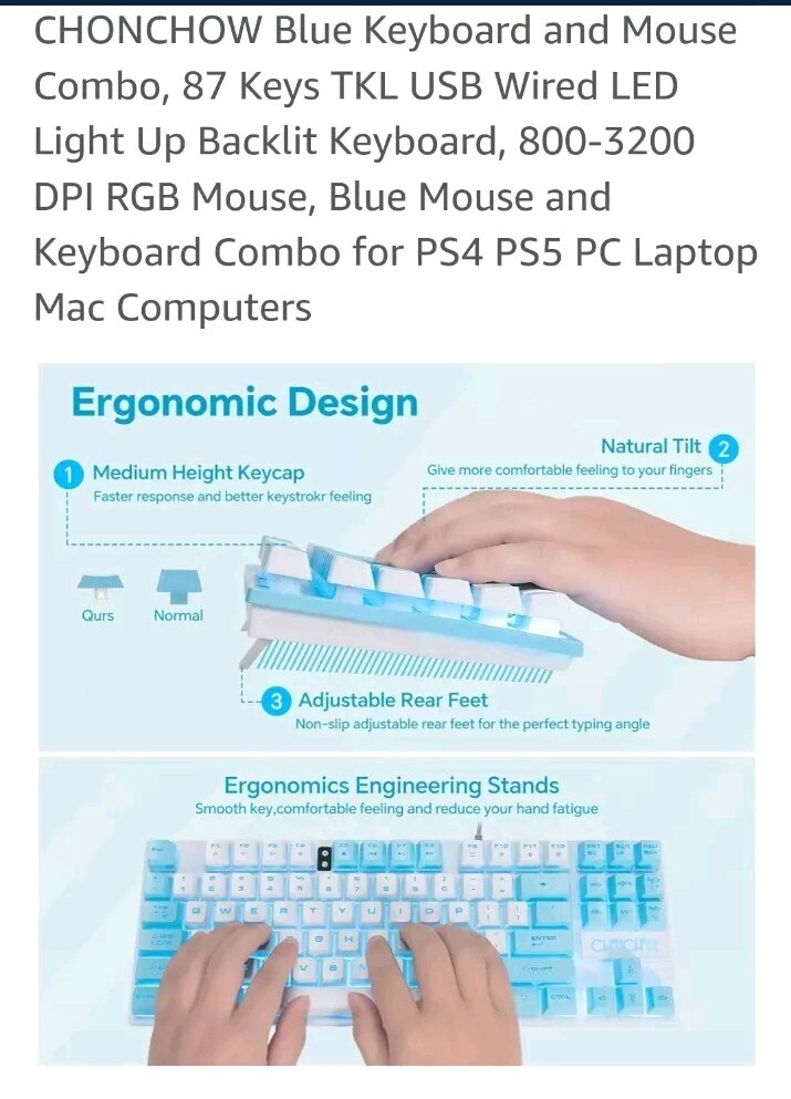 Blue Keyboard and Mouse Combo, 87 Keys TKL USB Wired LED Light Up Backlit Key…