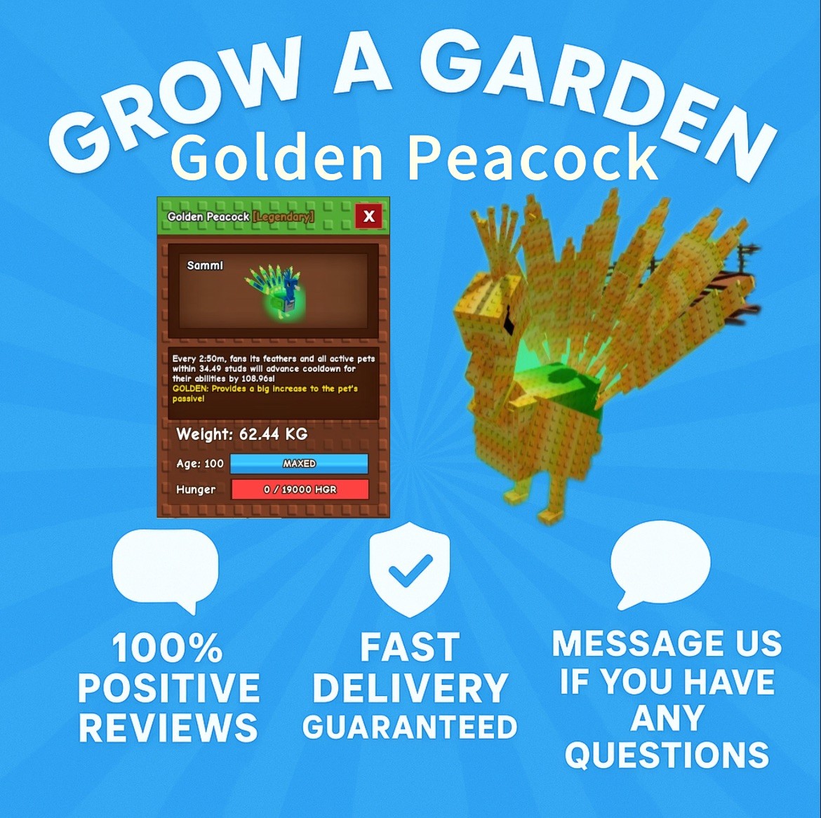 Golden Peacock 62+kg | Cheapest | Fast Delivery | 15s with Toys! | Grow A Garden