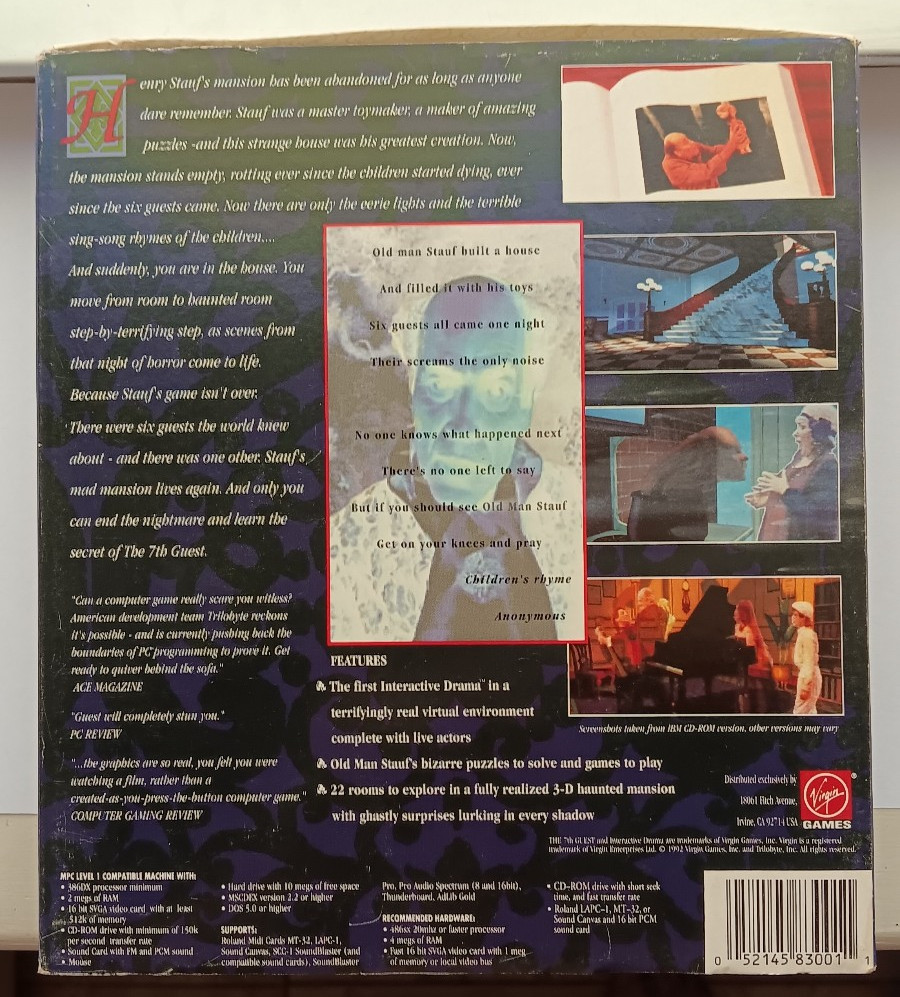 The 7th Guest 1992 PC CD-ROM Game Complete VHS Big Box – Horror