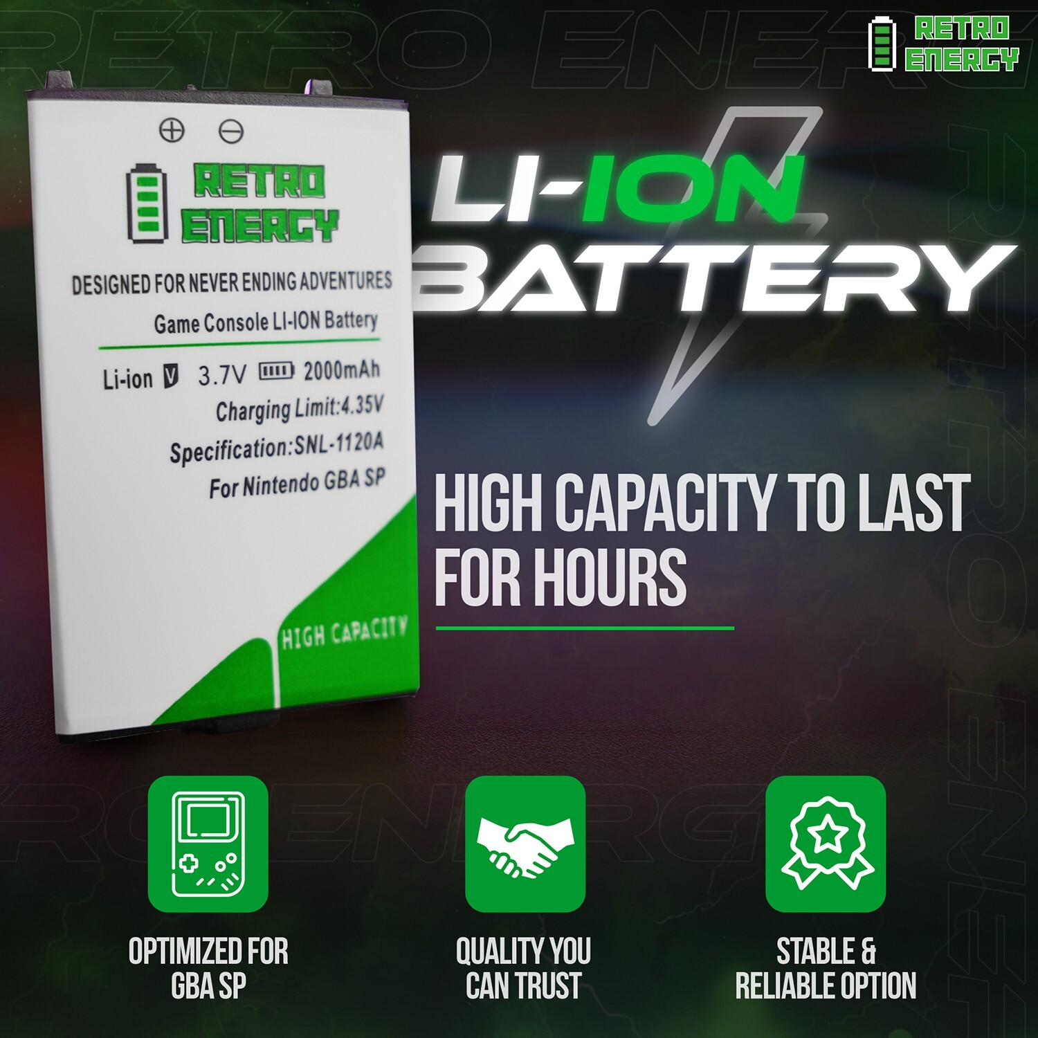 Retro Energy Gameboy Advance SP Battery 2000 mAh GBA Lithium Ion LARGEST BATTERY