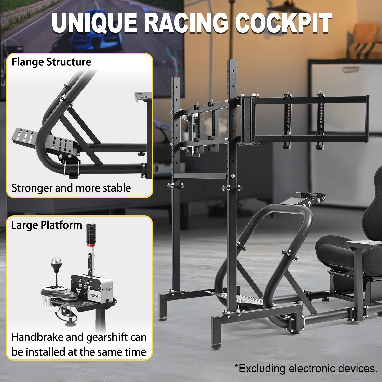 Marada Racing Simulator Cockpit With Seat &Triple Monitor Stand Fit Logitech G29