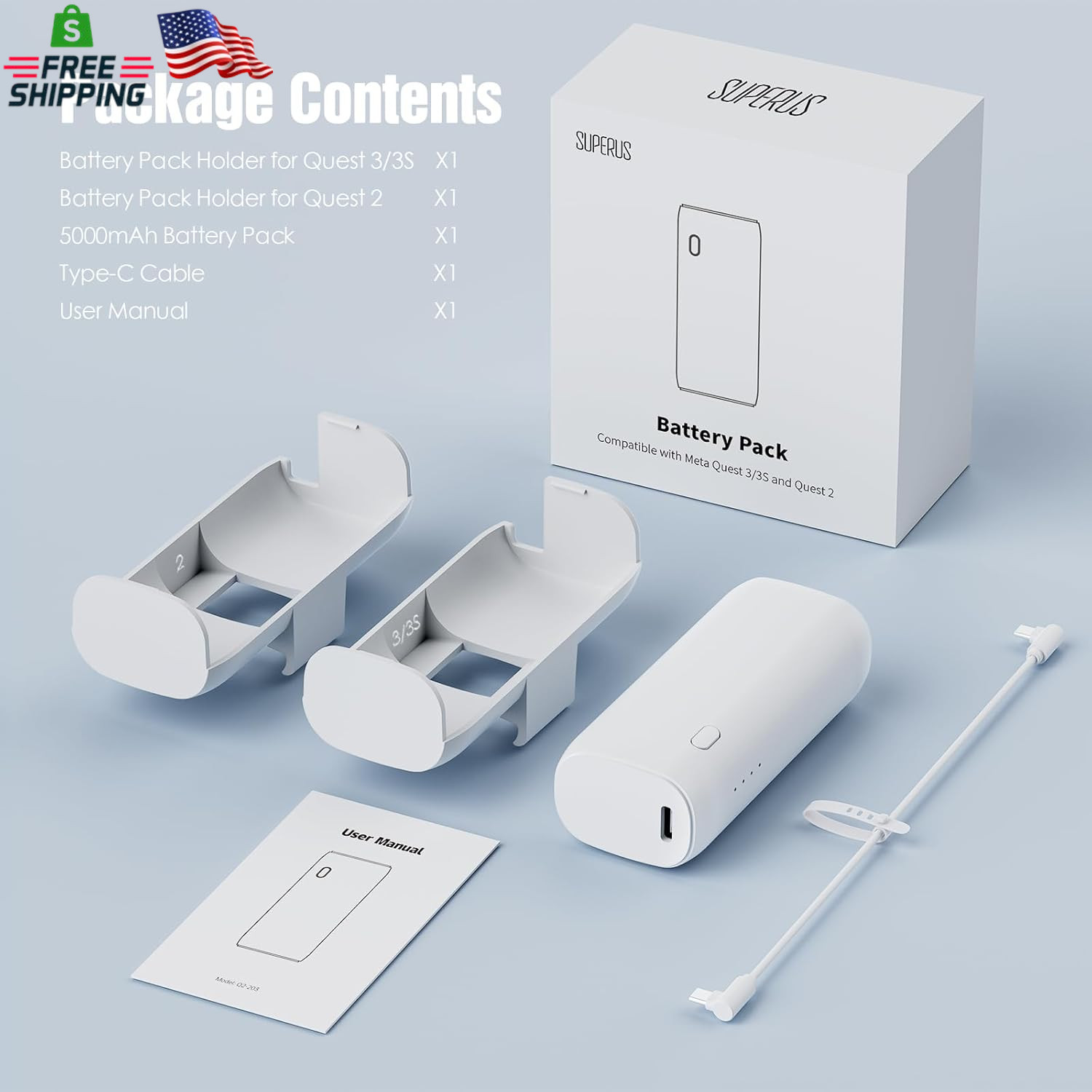 SUPERUS Battery Pack for Meta Quest 3/3S & Oculus Quest 2, 5000Mah, PD20W Fast C