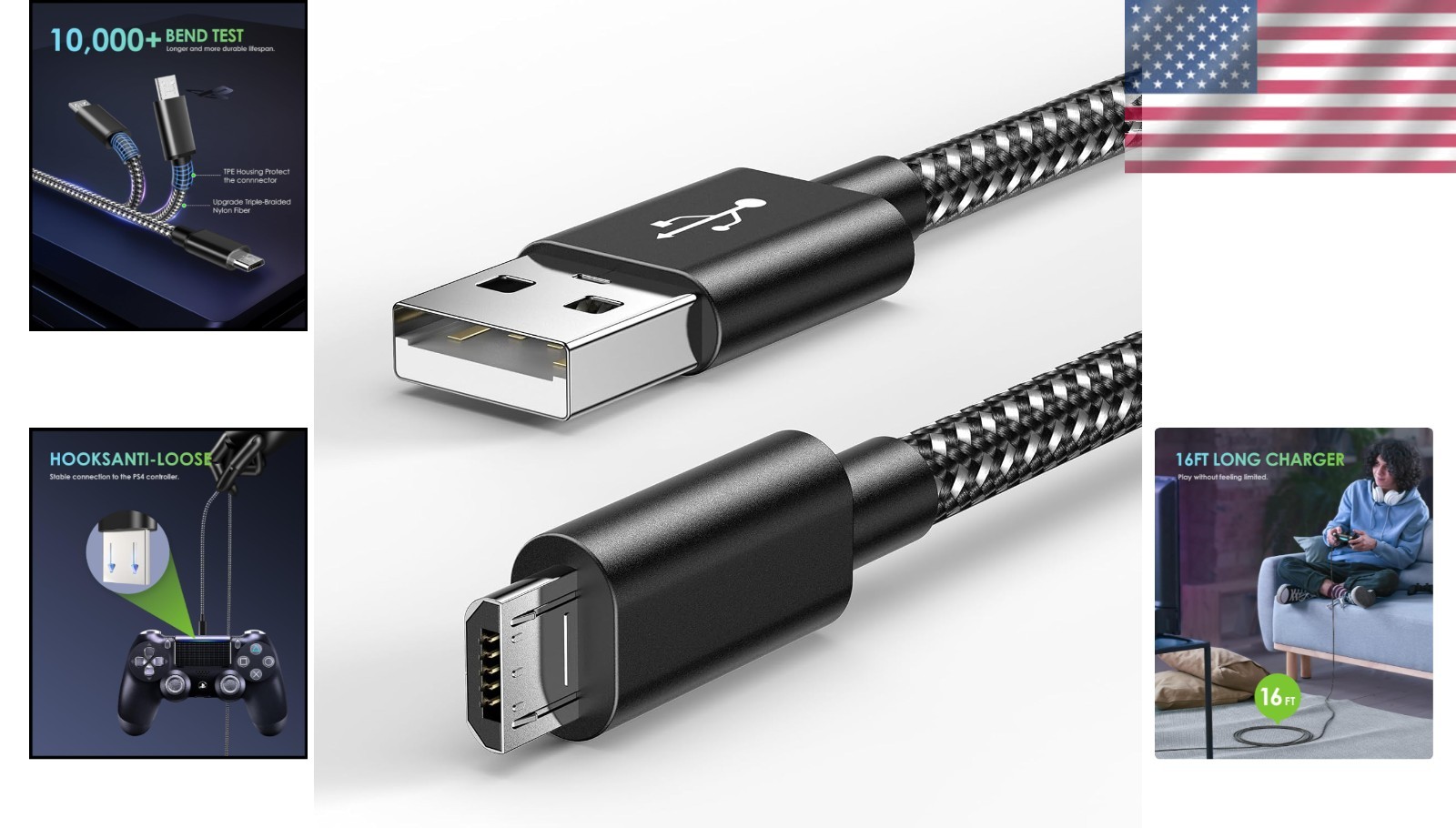 16ft PS4 Controller Charger Cable – Nylon Braided – Black