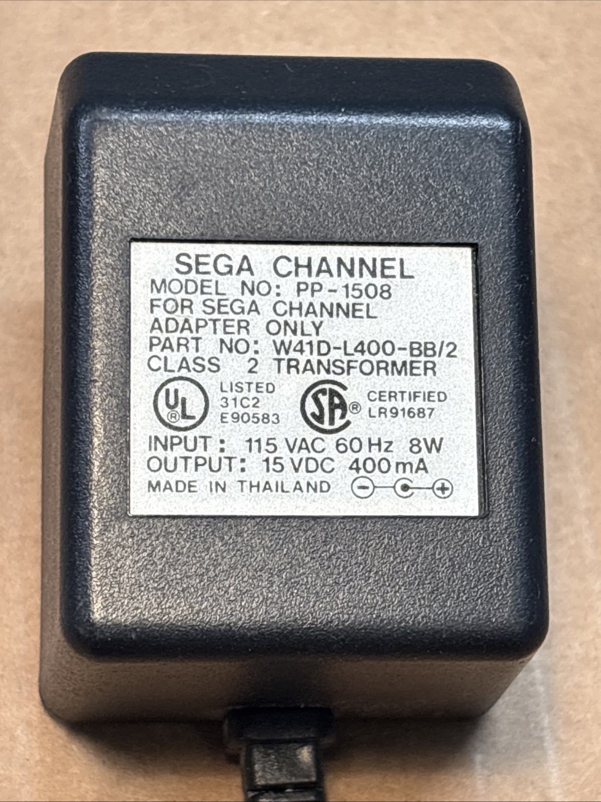Sega PP-1508 AC Adapter Only for Sega Channel, 15VDC, 400mA