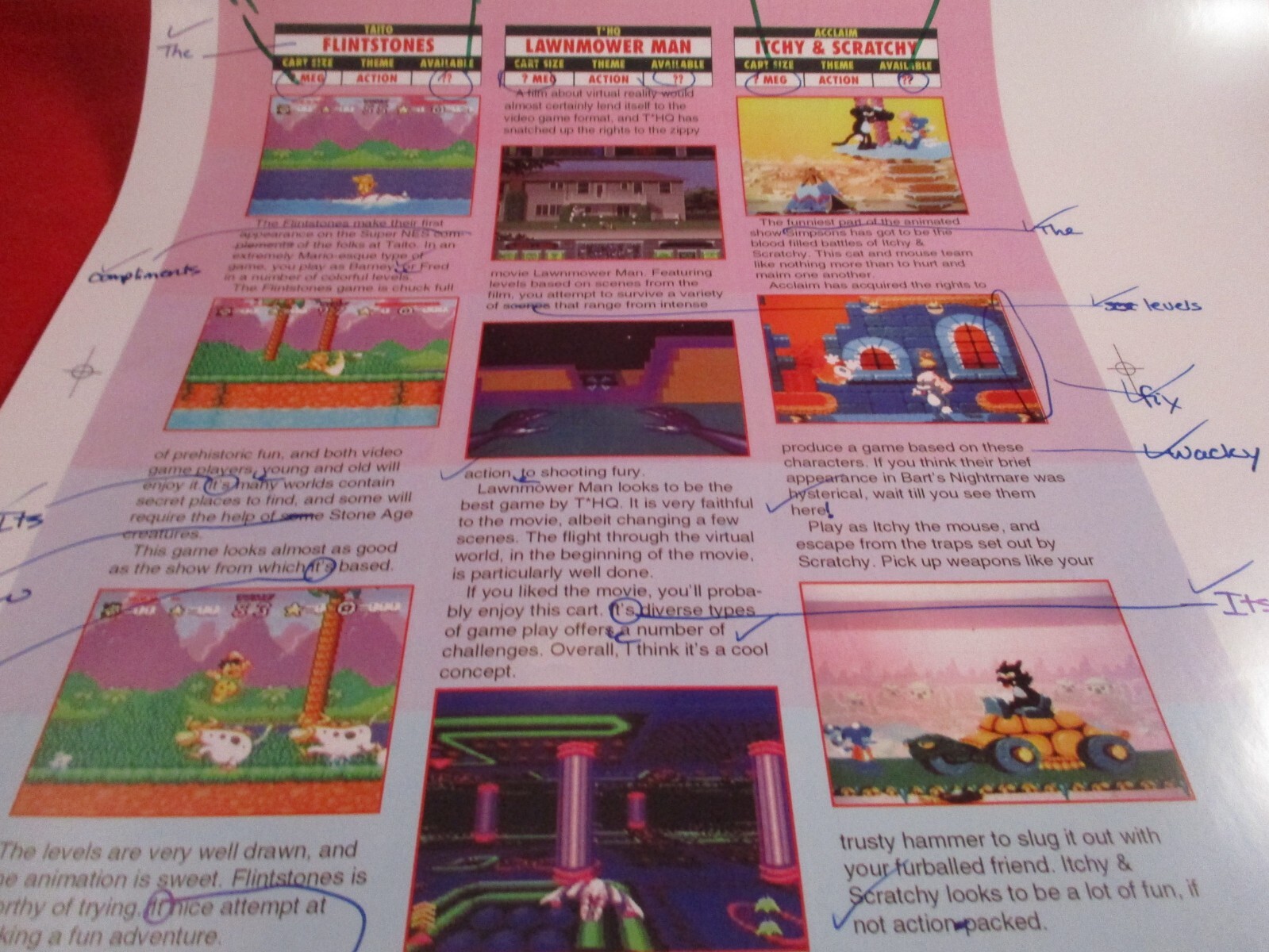 Super NES Buyer’s Guide Magazine Prototype Sheet Flintstones Itchy Scratchy Lawn