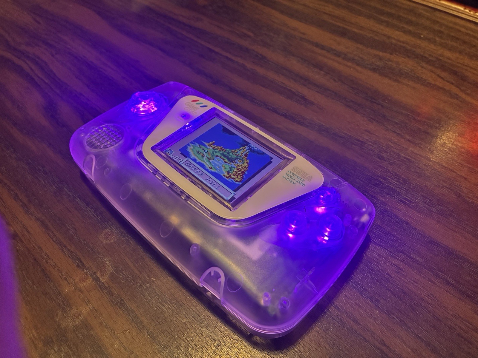Sega game gear custom modded purple LEDs IPS Screen Recapped Clear shell