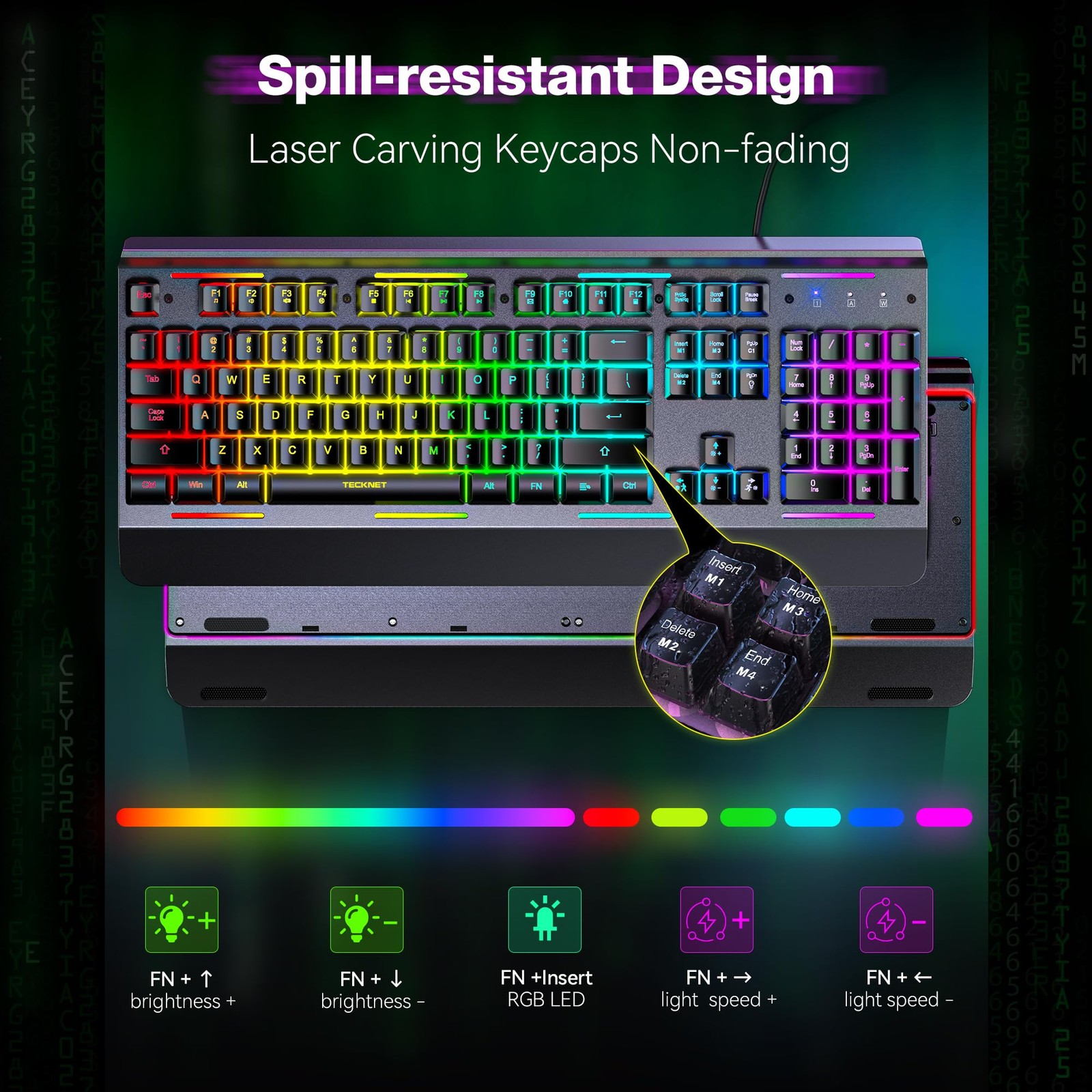 Tecknet Gaming Keyboard Usb Wired Computer Keyboard 15-Zone Rgb Illumination