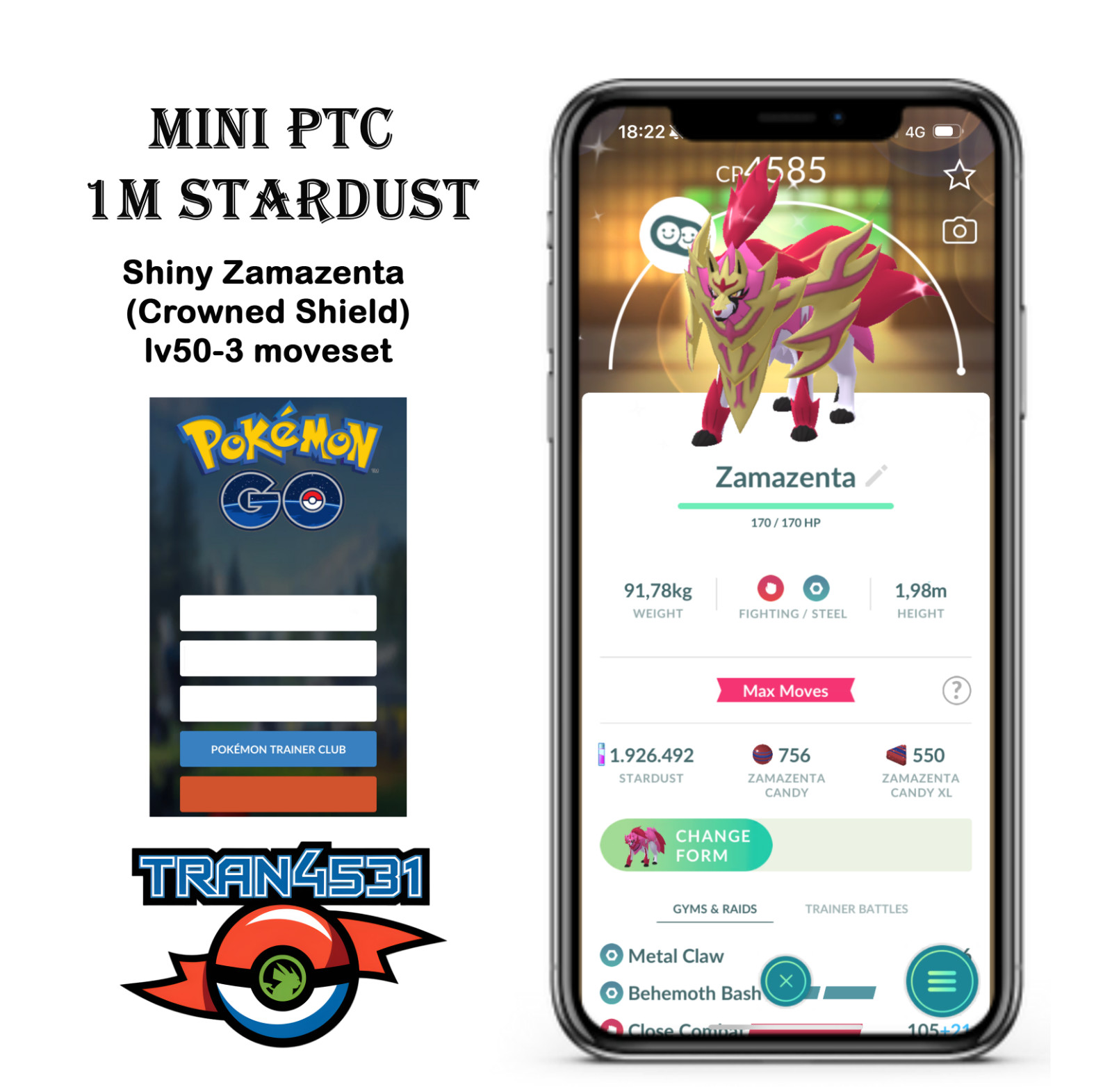 Shiny Zamazenta (Crowned Shield) lv50 – Mini PTC 1m Stardust