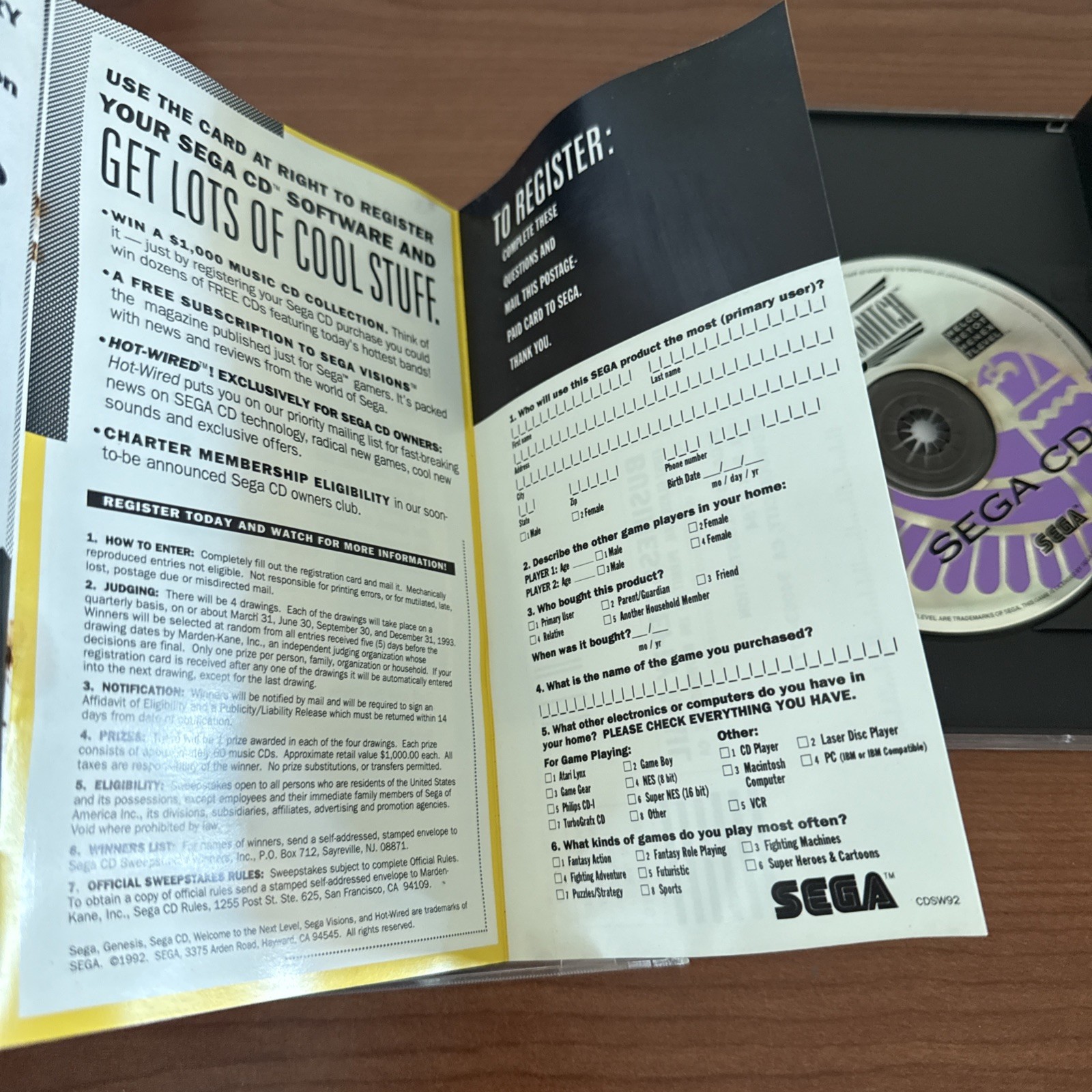 Double Switch (Sega CD, 1993) Complete Game Case Manual Registration