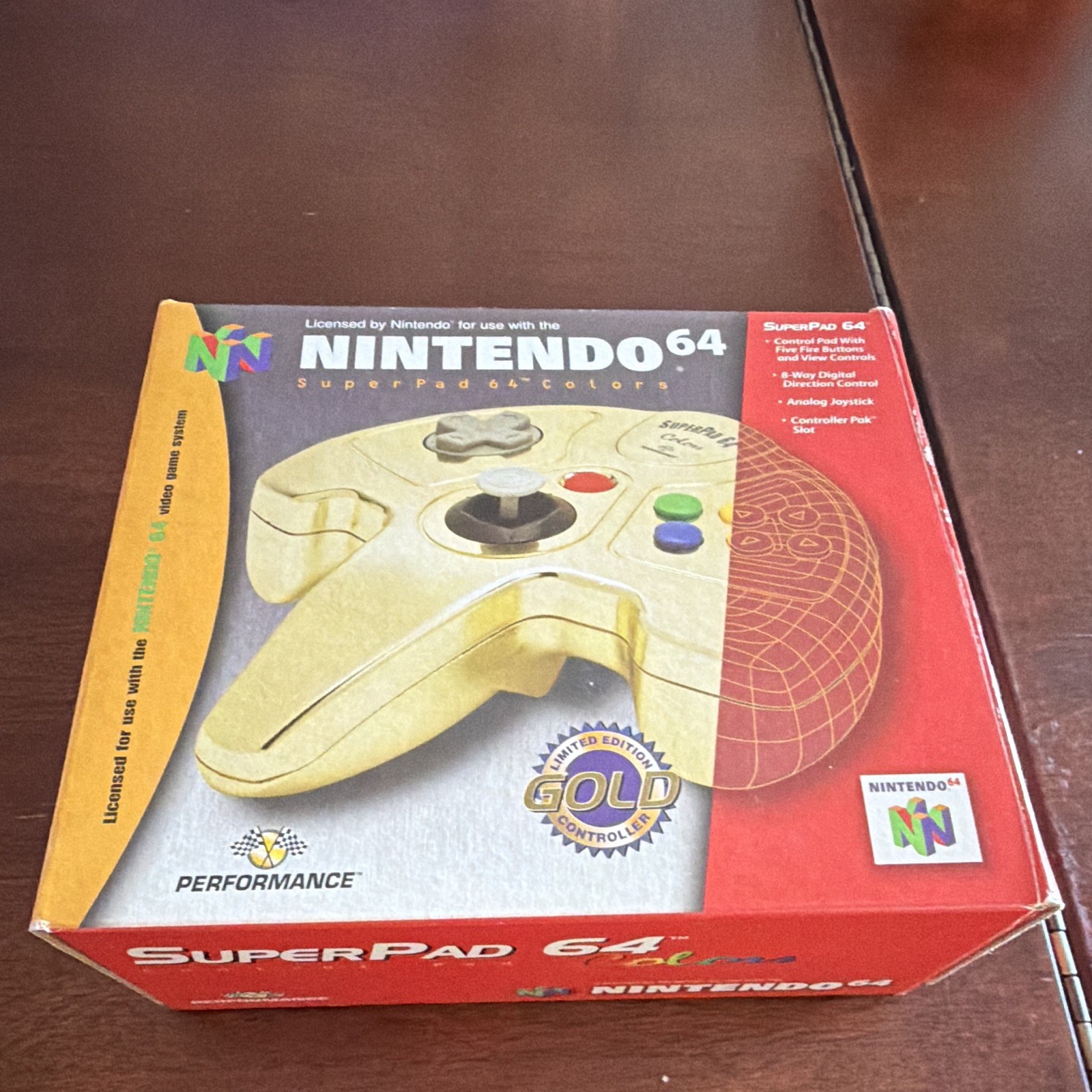 Performance SuperPad 64 Gold Wired Turbo Controller for Nintendo 64 w/ Box