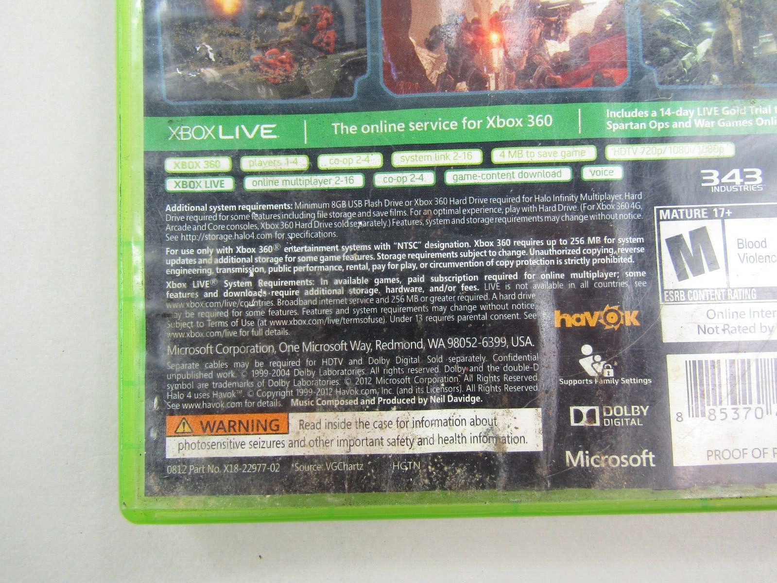 Halo 4 XBOX 360 Video Game Mature M 343 Industries War Military Disc & Box