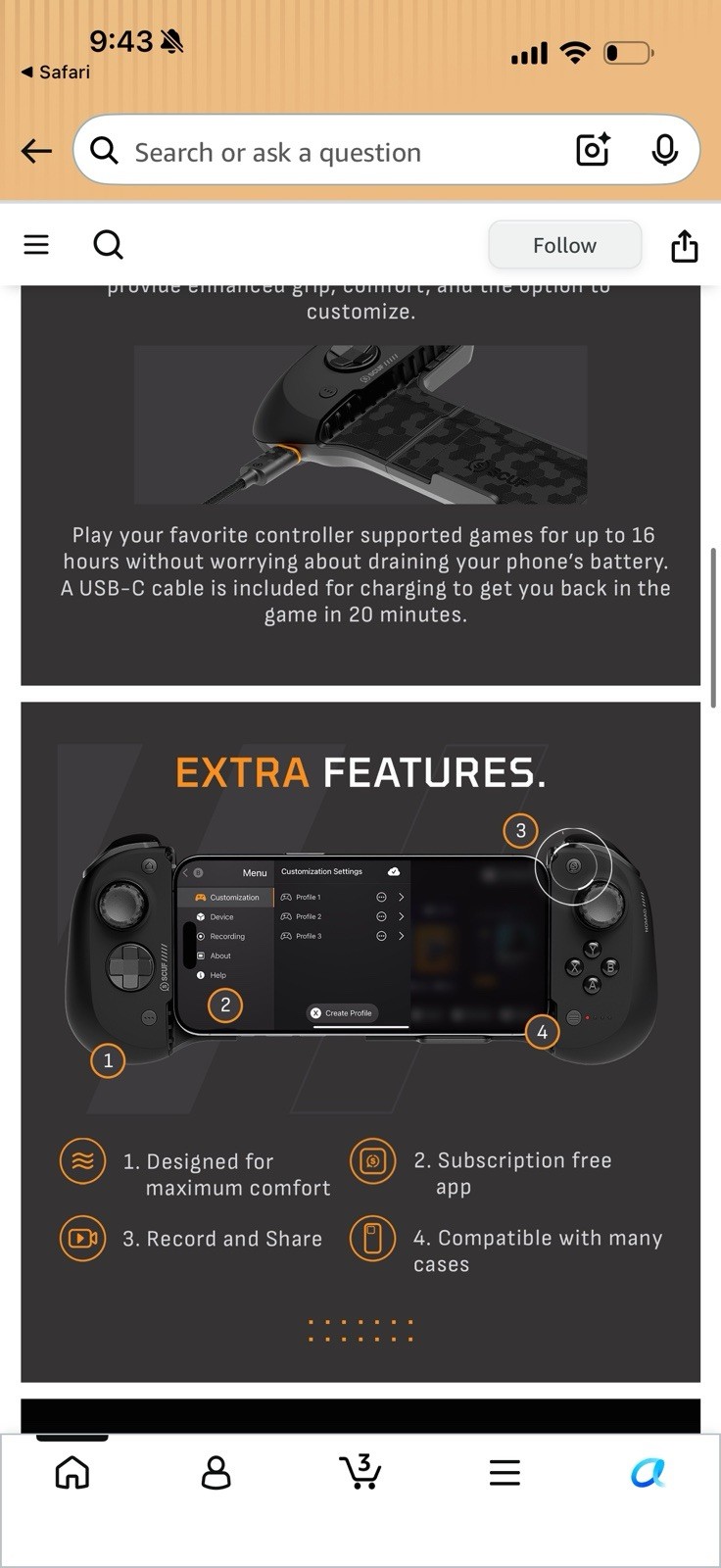 SCUF Nomad Black Mobile Controller for Smartphone USB-C Ergonomic Hall Effect