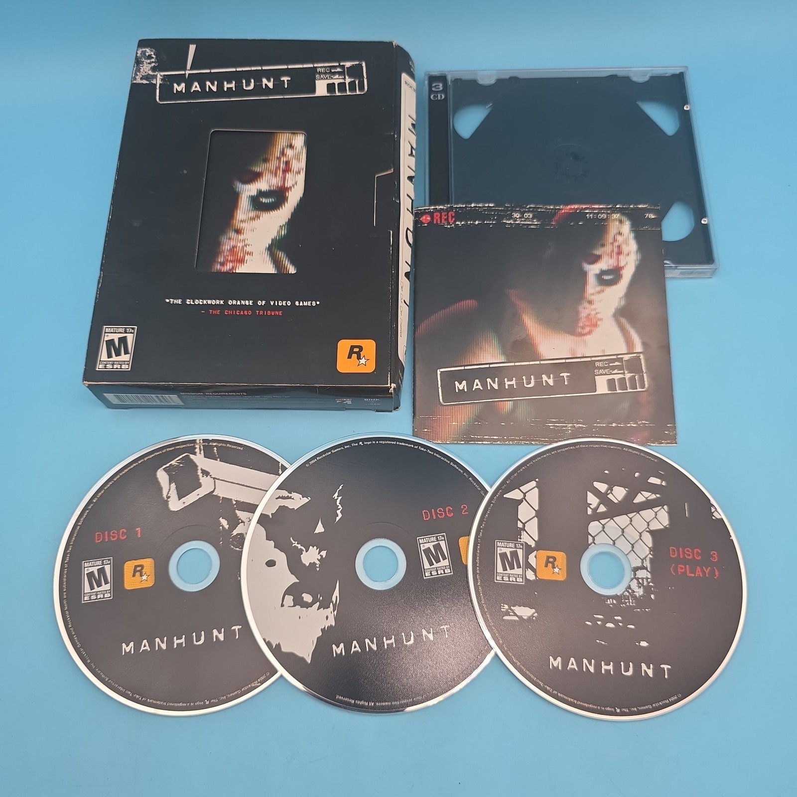 Manhunt (PC, 2004) 3 Dics, CIB VHS Style Box Vintage Video Game Rockstar TESTED