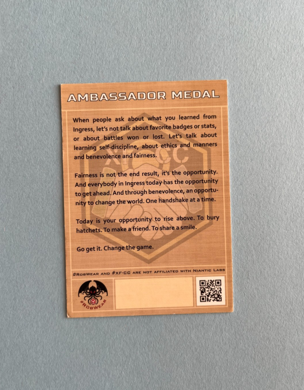 Ingress XFCC Ambassador Medal Card Cross-Faction Promo Niantic Card