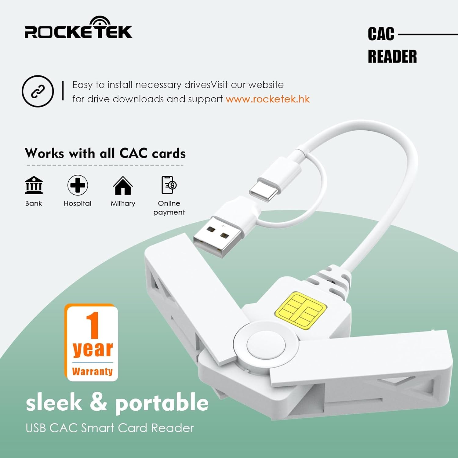 CAC Reader 2 in 1 Type C Dual Connector, DOD USB Common Access CAC Card