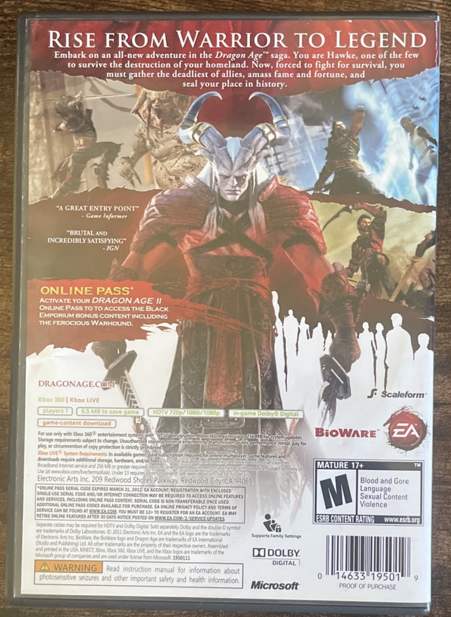 Dragon Age 2 Xbox 360 Video Game w/ Manual F5019-B