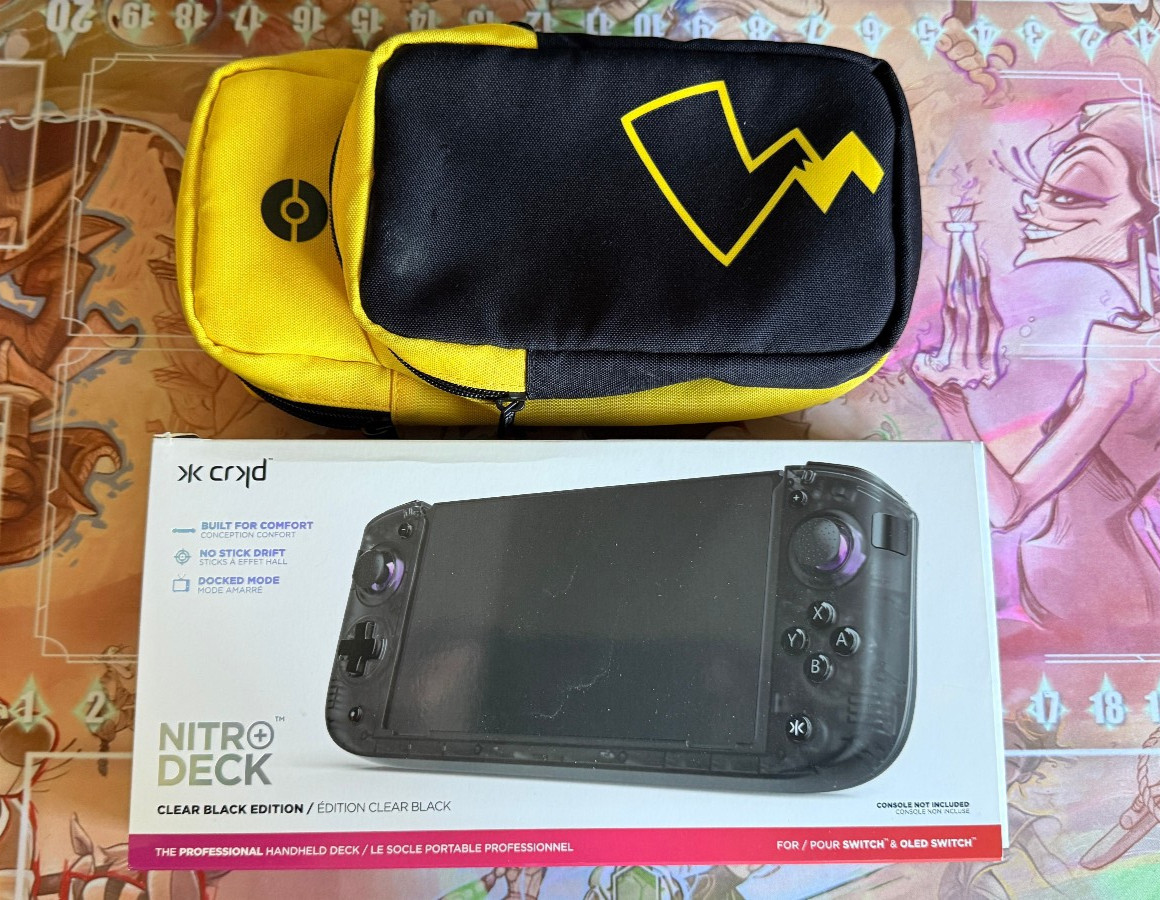 CRKD Nitro Deck+ Handheld Pro + swappable thumb sticks + Pokemon Travel Bag Hori