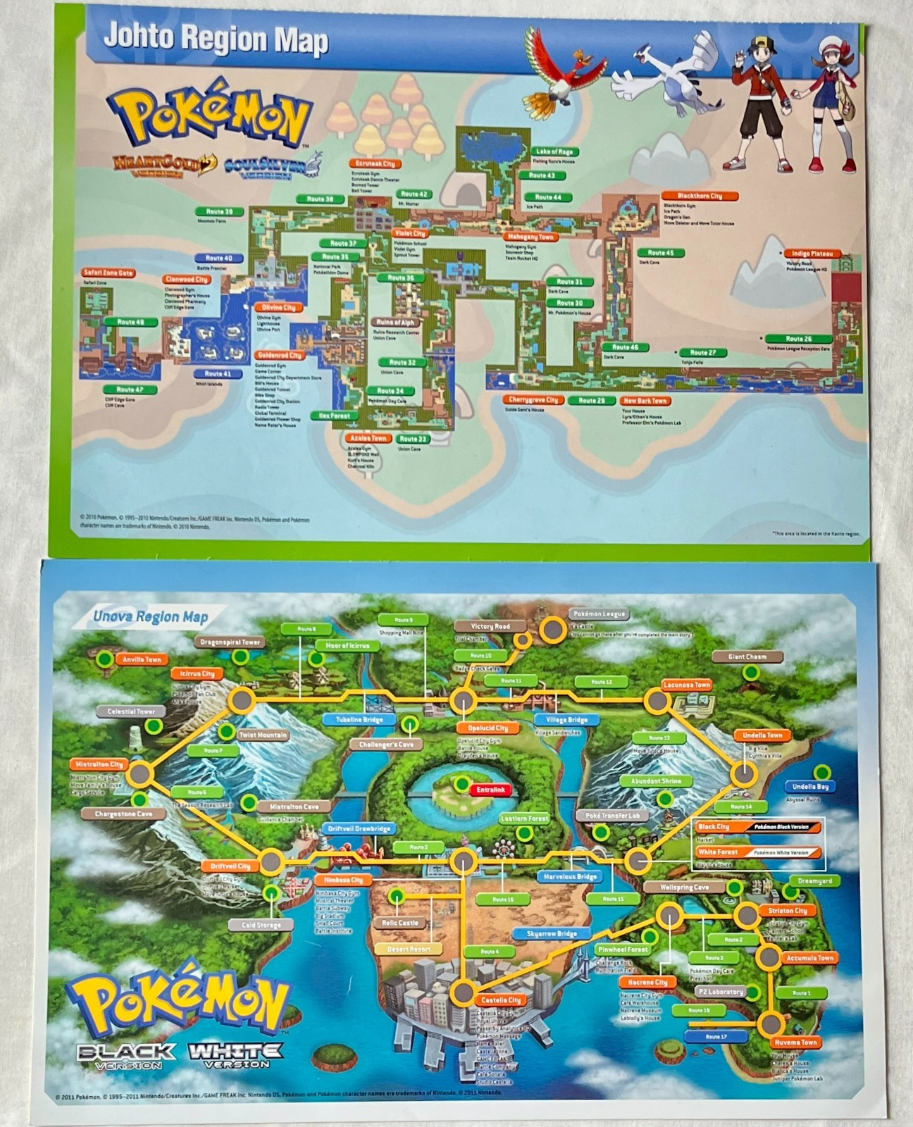 Lot of 2 Pokemon Johto Unova Region Maps, HeartGold SoulSilver, Black and White